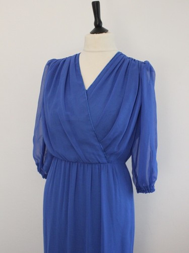 Vintage 1970s Maxi Dress Royal Blue Chiffon Occasions Layered Evening Gown 12 - Picture 2 of 6