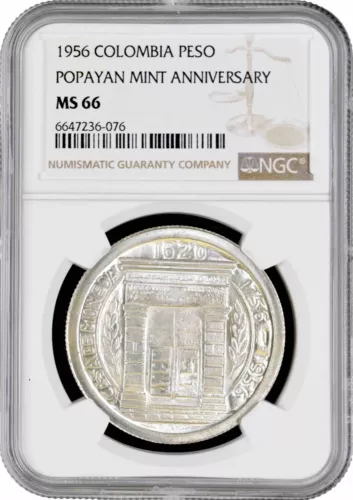Colombia 1 peso 1956, NGC MS66, "200th Anniversary - Popayan Mint"