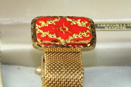 VINTAGE 1970'S LAMODE ORANGE ART GLASS MESH CUFFLINKS TIE TACK SET MIB - Picture 2 of 2