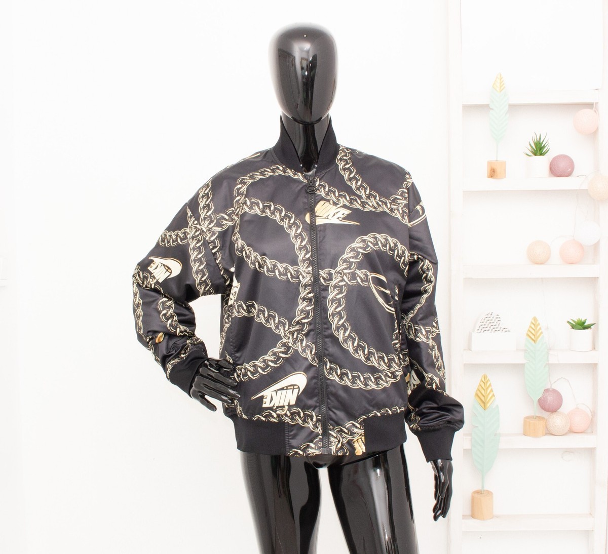 Nike Synthetic Fill Icon Clash Bomber Jacket Black Gold Chains Logo Women's M | eBay UK