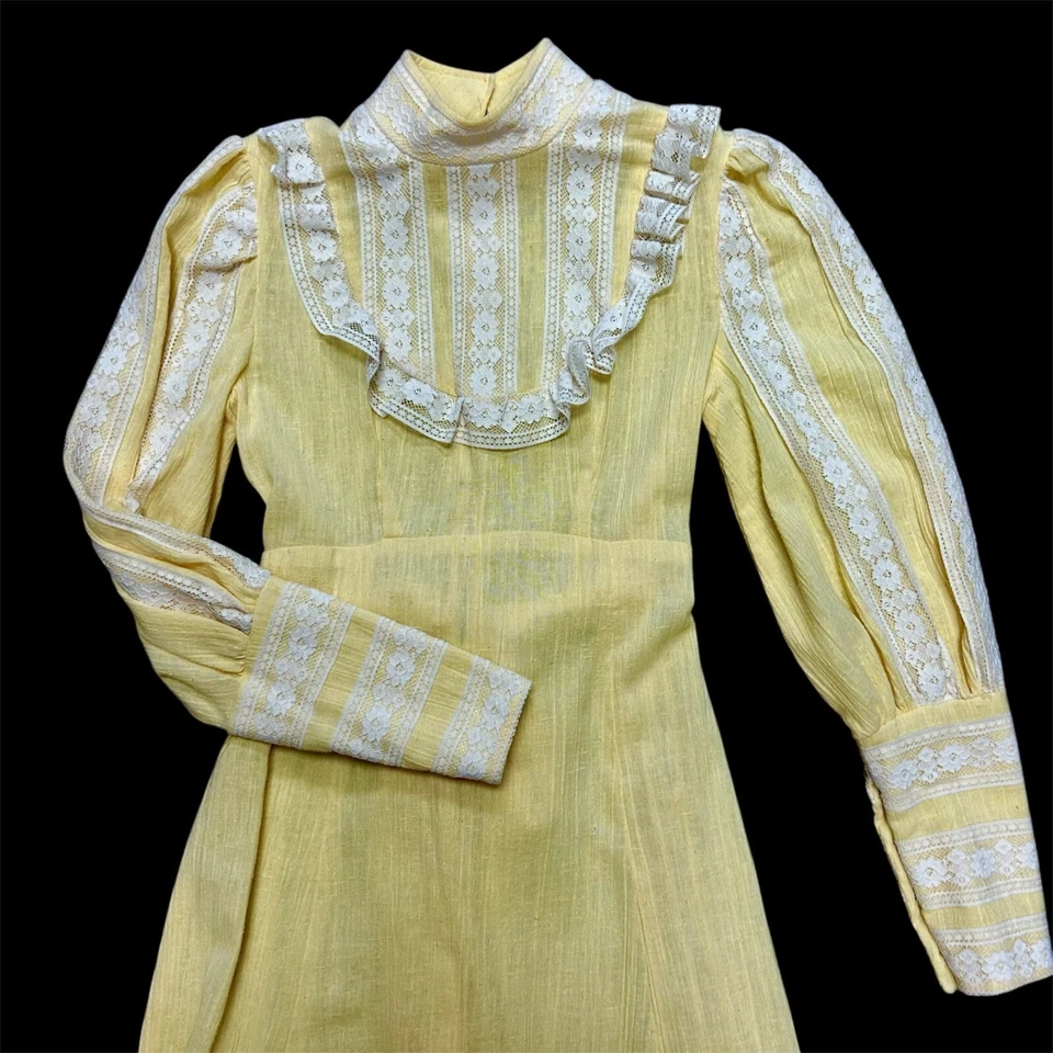 Vestido MAXI de Boda Encaje Floral Romántico Pradera Estilo Gunne Sax Amarillo Años 70 De Colección Foto 3 de 4