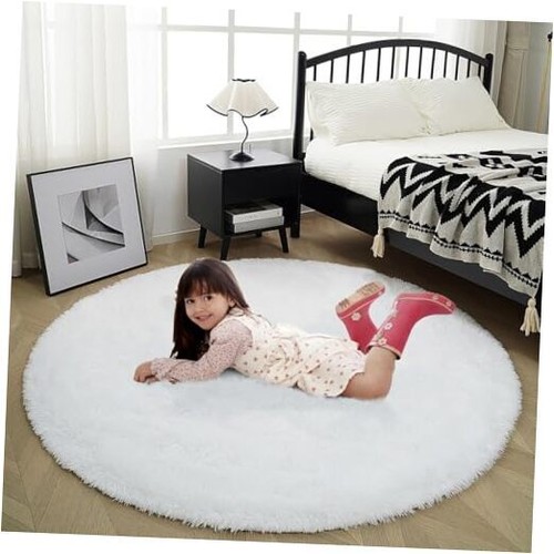 Fluffy Round Rug,Soft Area Rugs for Girls Room,Shaggy Rugs 4'X4' 4x4 Feet White