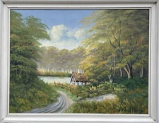Impressionist Summer Landscape Forest Cottage by Lake Oil Painting 