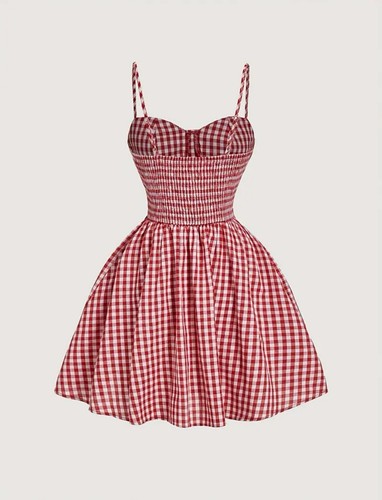 Vestido de guinga rojo y blanco para mujer con botones decorativos dobladillo con volantes talla 12 - Imagen 2 de 3