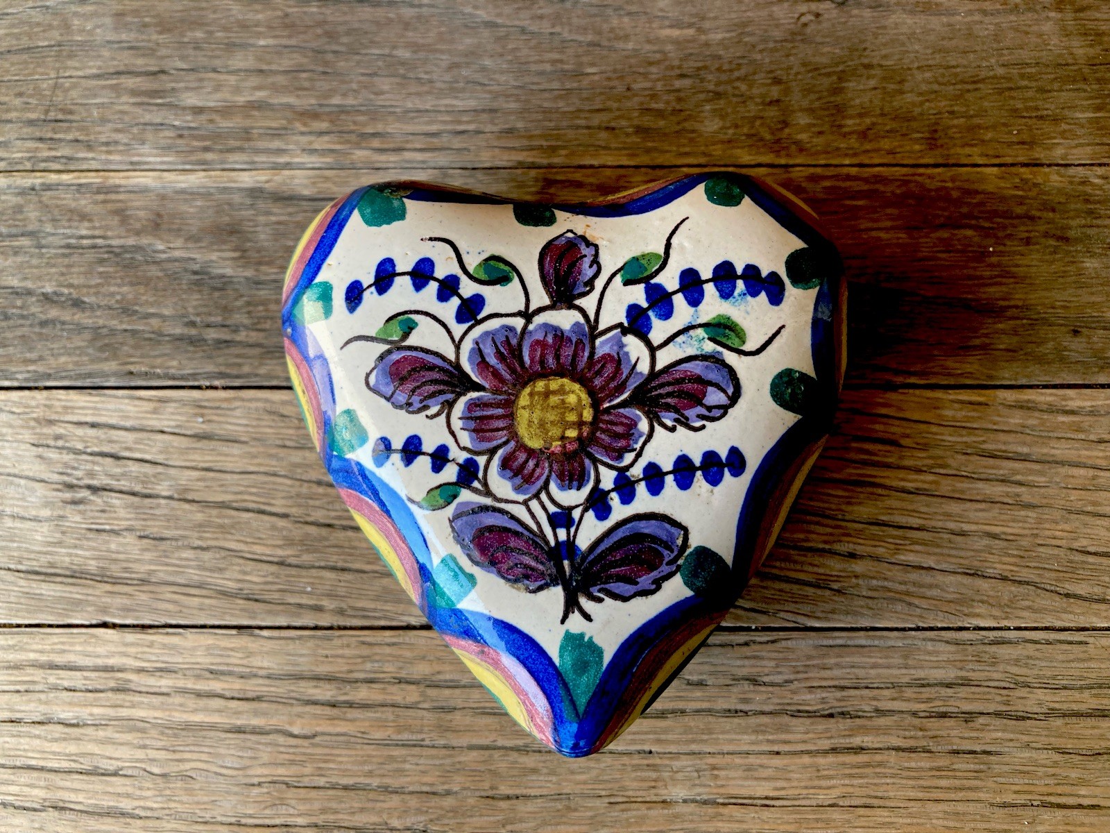 Vintage Portuguese Hand Painted Heart Shaped Ceramic Trinket Dish