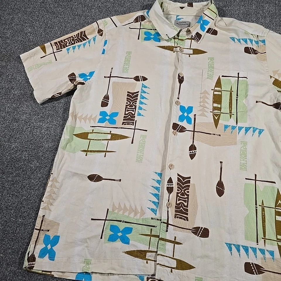 Quiksilver Waterman Shirt Mens Large Surf Camp Beach Tiki Mask Boat Paddle - Image 2 of 4