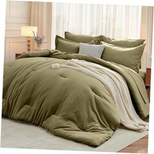 7 Pieces California King Comforter Set, Soft Cal King 104"x 96" Olive Green