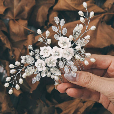Flower Bride Wedding Hair Comb Leaf Silver Bridal Headpiece Pearl Hair Accessori