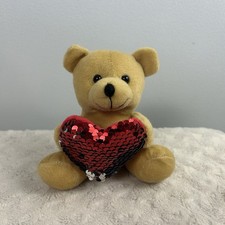 Tan Teddy Bear Plush Stuffed Animal Toy Holding Red Sequin Heart