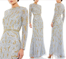 Mac Duggal Platinum Silver Gold Paisley Beaded Long Sleeve Gown Size 6 NWT 598