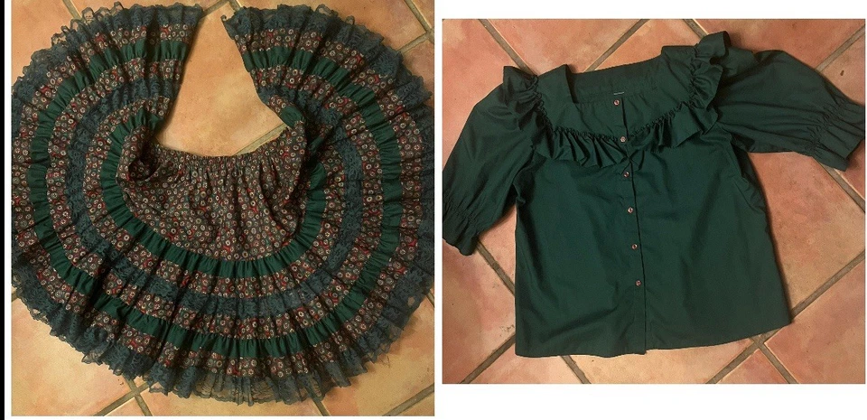 Conjunto de Baile Cuadrado Verde y Rojo Vintage Tul Base Mangas Abotonadas Foto 3 de 4