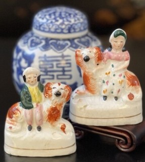 Rare Miniature 19C English Staffordshire Spaniel Hunt Dog Companion Pair 3”