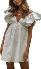 Women's Summer Cotton Ruffle Sleeve Short Dress Sexy V Neck Backless Puffy Pleat