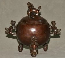 7.2" Old Chinese dynasty Purple Bronze earth Lion Beast Incense Burner Censer