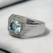 Aquamarine Emerald Cut Gemstone With 925 Sterling Silver Ring For Men's #168