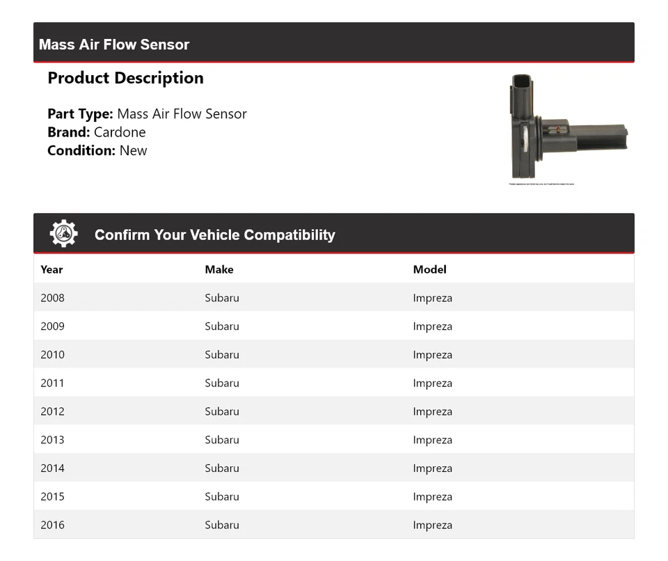 Sensor de flujo de aire masivo Cardone 2009 2010 2011 2012 para Subaru Impreza 2008-2016 Foto 2 de 4