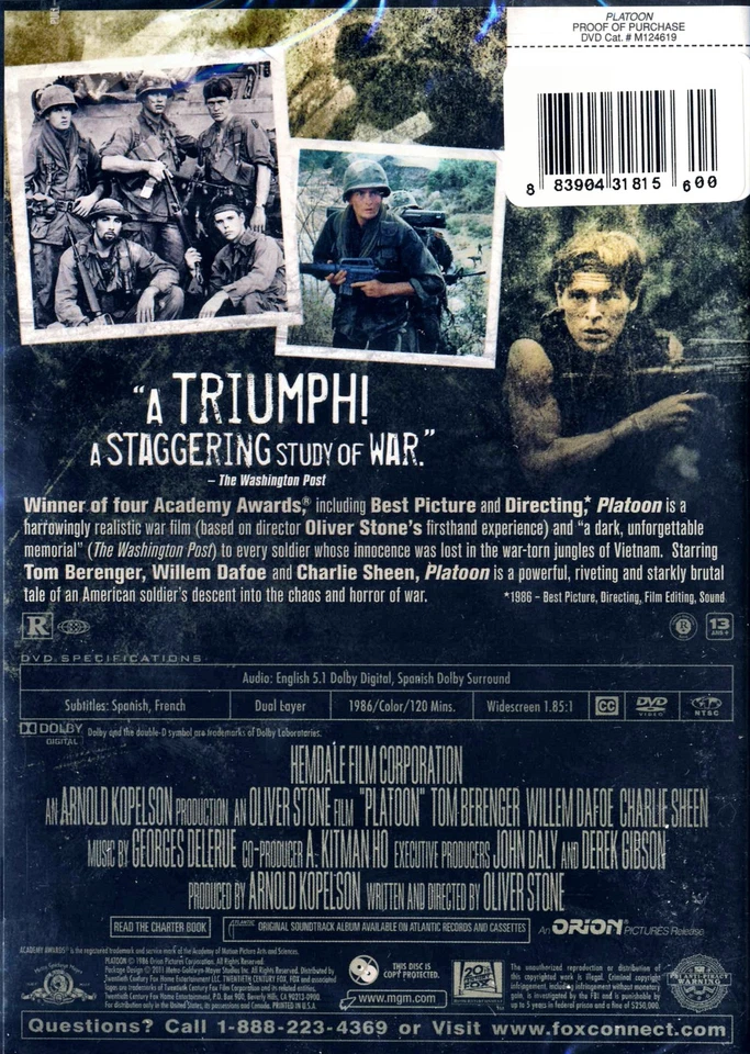 Platoon - Tom Berenger, Willem Dafoe, Charlie Sheen, Forest Whitaker,  New DVD - Image 2 of 2