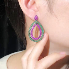 Women Black Gold Plated Hot Pink Green Cubic Zirconia Geometric Drop CZ Earrings