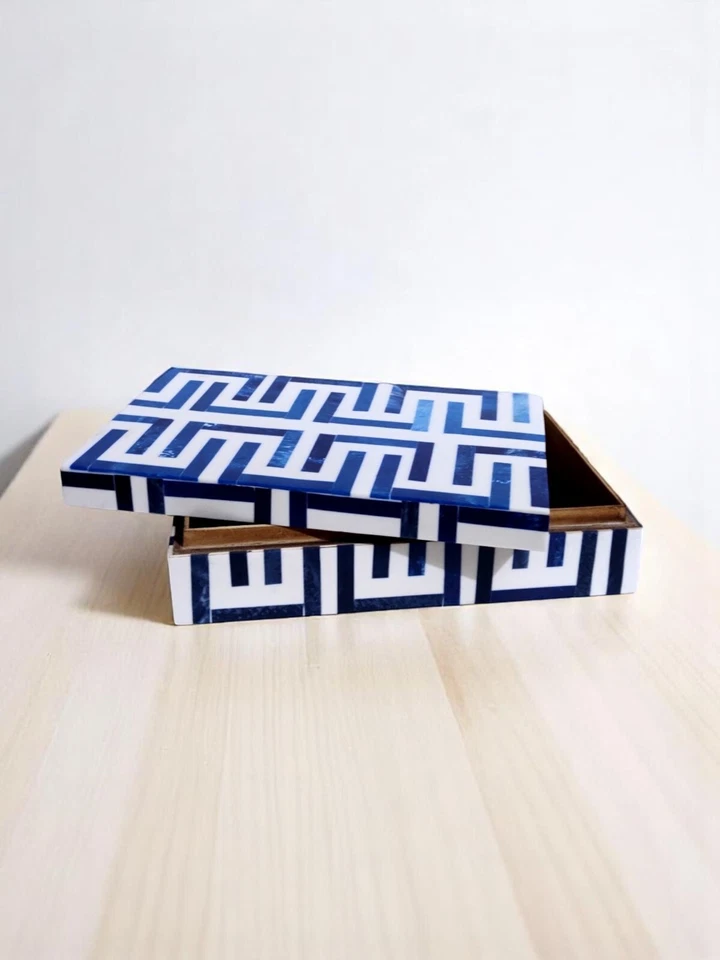 Blue & White Bone Inlay Decorative Box | Geometric Handmade Indian Jewelry Box | - Image 4 of 4
