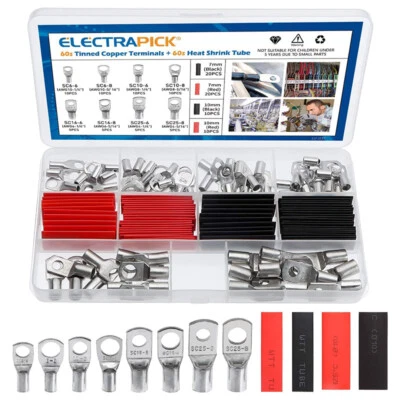 ELECTRAPICK 120PCS Car Copper Ring Lugs Terminals Heat Shrink Tubing Wire Battery Connectors