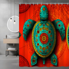 Turtle Graphic Shower Curtain Orange Teal Boho Print