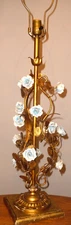 Vintage Florentine ITALY Gold Gilt Blue Roses Floral Tole Lamp Hollywood Regency