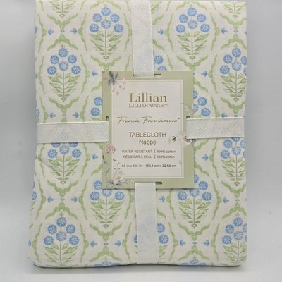 Lillian August 60x120 Tablecloth Blue Green White Floral Cotton Water Resistant