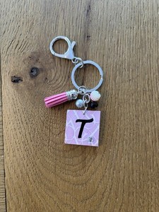 Handmade Pink & White Scroll Alphabet Keychain / Initial LETTER T-Free Shipping