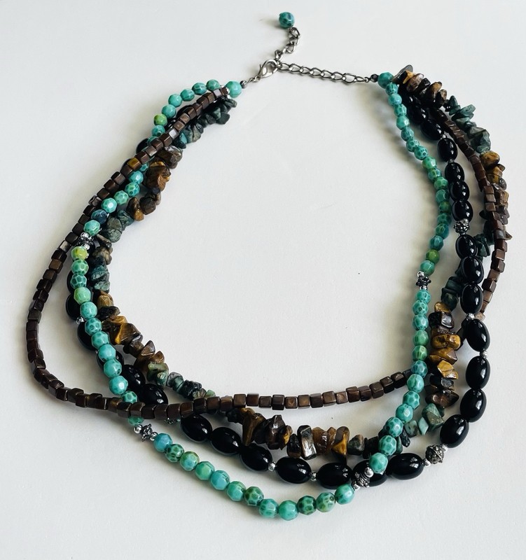 Vintage Genuine Gemstone Chip & Mixed Faux Bead 4 Strand 18" Adjustable Necklace