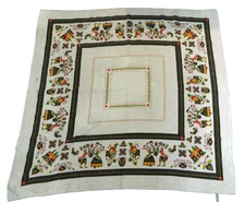 Linen Tablecloth 46" x 48" Pennsylvania Dutch Folk Art Country Cottage Vintage