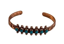 Vintage Genuine Copper Snake Eye Turquoise Cuff Baby Bracelet Signed Wheeler mfg