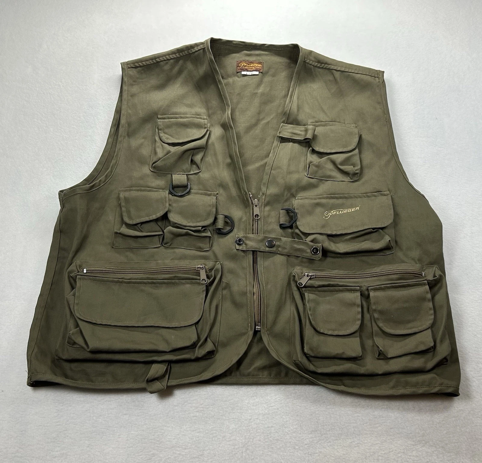 Vintage Pflueger Fishing Tan Beige Utility Outdoors Full Zip Vest L/XL Sport