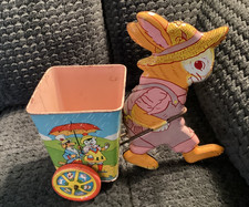 VINTAGE J. CHEIN  CO TIN LITHO BUNNY PULLING CART W/ NURSERY RHYME THEME