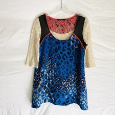 Poeme by Citron Shirt Womens Large Blue Leopard Mixed Media Tunic 3/4 Sleeve