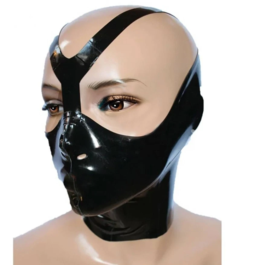 Black Latex Hood Masks,Half Face Rubber Hooded Mask with Back Zipper Handmade