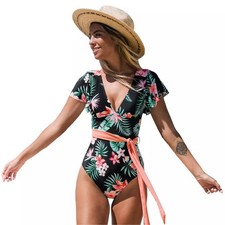 Cupshe Tropical Floral V Neck Ruffle Sleeve Tie Ribbon One Piece Swimsuit XS