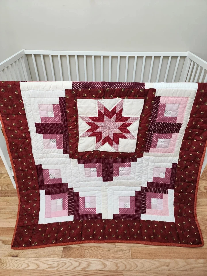 ¿Colcha Amish acolchada a mano? Cabina de troncos diseño estrella, 65"x46" (?165 x 117 cm) Foto 2 de 4