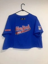 New York Rangers Pro Standard Women's Boxy Script Tail Cropped T-Shirt Blue SZ L