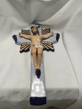 Jesus Cross Blue White Religious Crucifix Christian Figurine Wall Decor 19"x11"