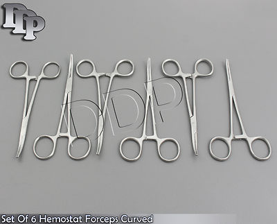 New Set of 6 Pairs 6'' Curved Hemostat Forceps Locking Clamps - Stainless Steel