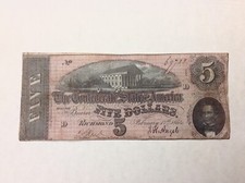 ~1864 Confederate States of America $5 Five Dollars - Civil War Note