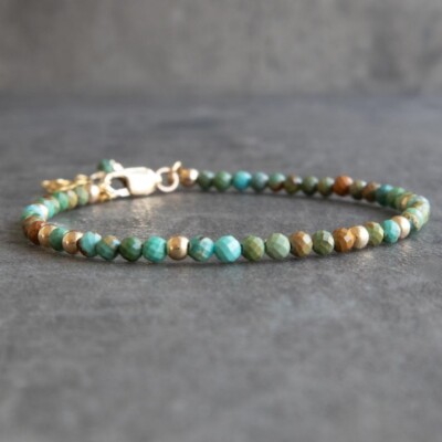 Natural Blue Turquoise Faceted Round Gemstone Gold Filled Beads 6-8'' Bracelet
