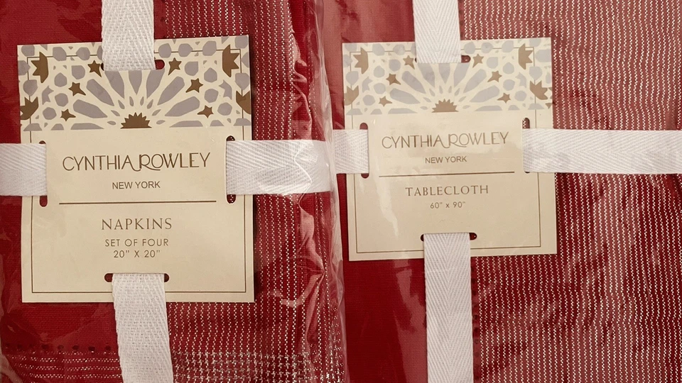 NEW! CYNTHIA ROWLEY Red Holiday Festiv Tablecloth Napkins Set Silver 60”x90” NWT - Image 3 of 4