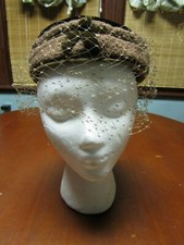Vintage Woman's Fancy Net Wool and Velvet Brown Pillbox Hat