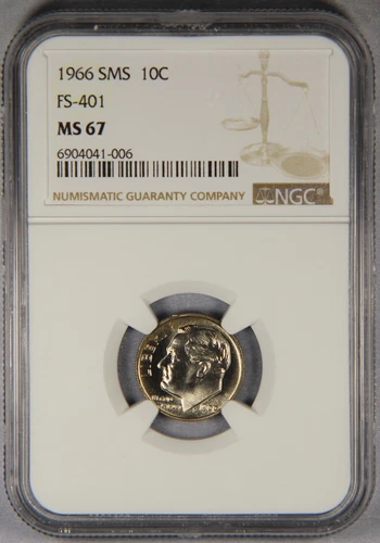 1966 SMS Roosevelt Dime FS-401 NGC MS67 "5" On Cheek 10c