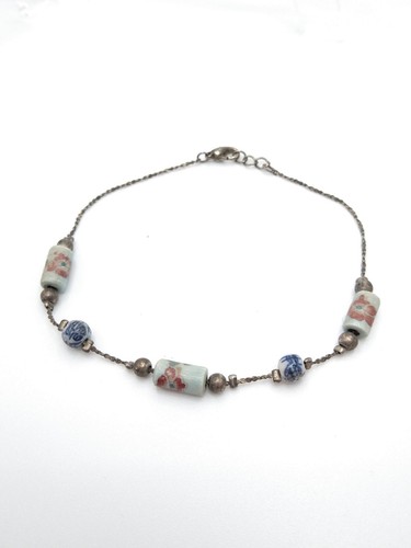 90's Y2K Boho Ceramic Handcrafted Beaded Anklet Bracelet Blues Browns Floral - Picture 2 of 7
