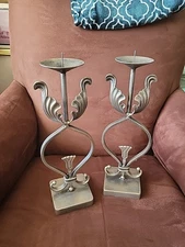 Candlesticks Steel Antique Silver Look Heavy Vtg
