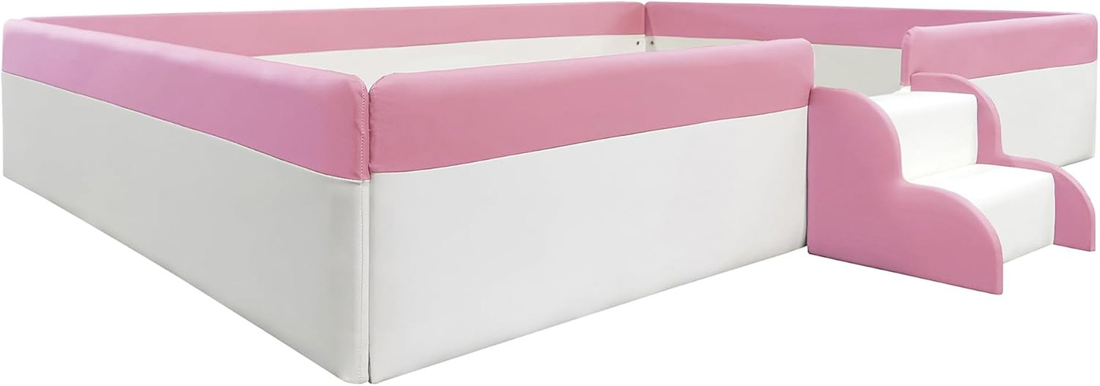 Full Size Upholstered Daybed Frame with Fence & Stairs, White/Pink