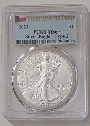 FIRST DAY OF ISSUE 2021 PCGS MS69 SILVER EAGLE TYPE 2 SKU 880926.69/43408824