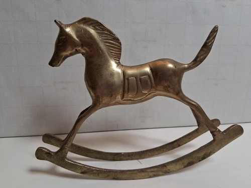 Vtg. Brass Rocking Horse Figurine Nursery Decor 7.5 ”L X 5.5”H 2" W Christmas